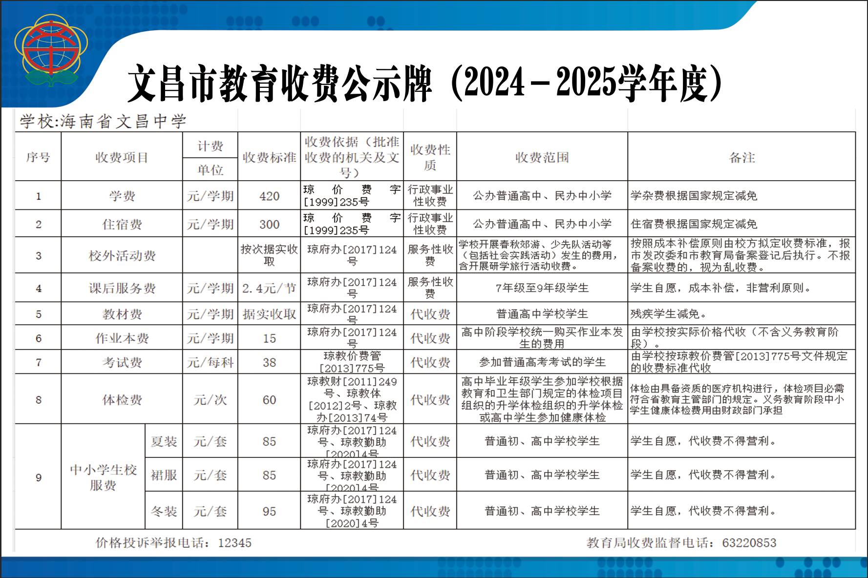 海南省文昌中学 2025年春季报名收费标准
